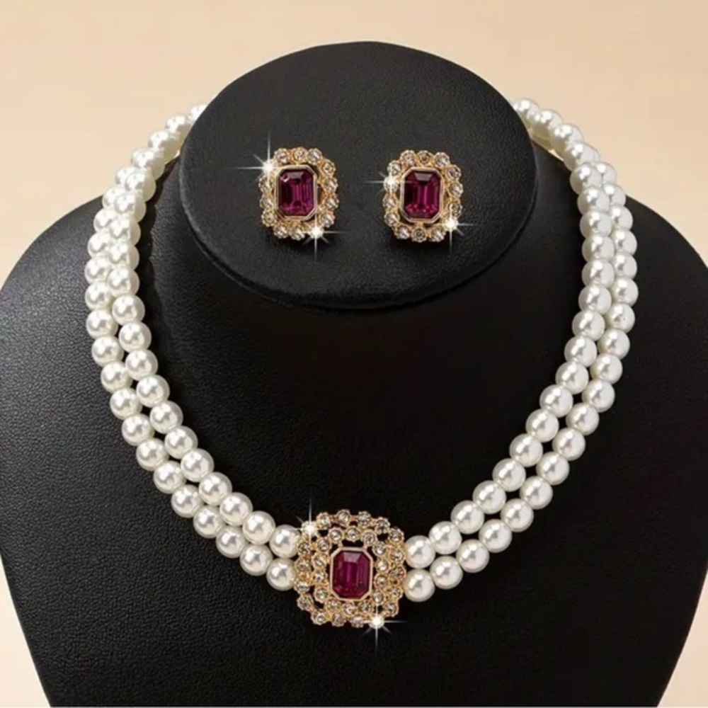 Elegant Faux Pearl and Gold toned Jewelry Set with Faux Ruby Accents